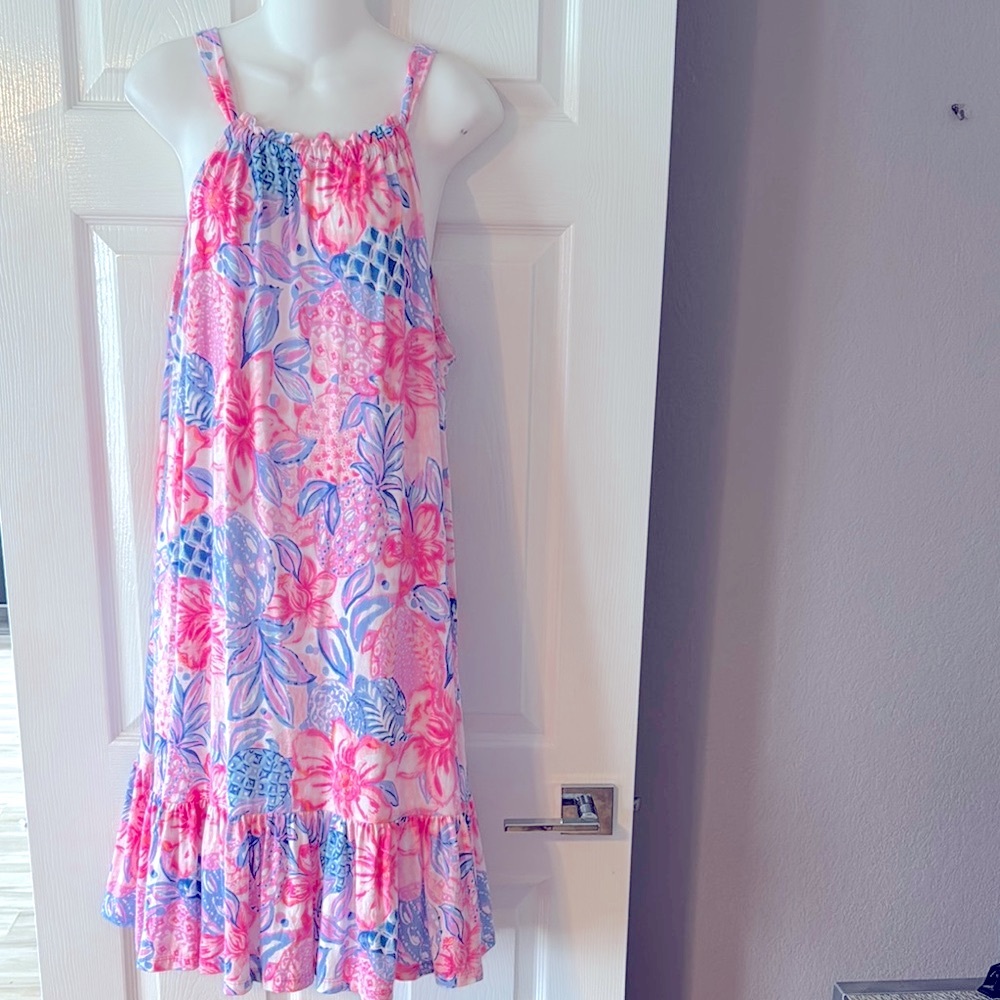 Lilly Pulitzer Pink & Blue Ruffled Sundress
First two pics are true color
